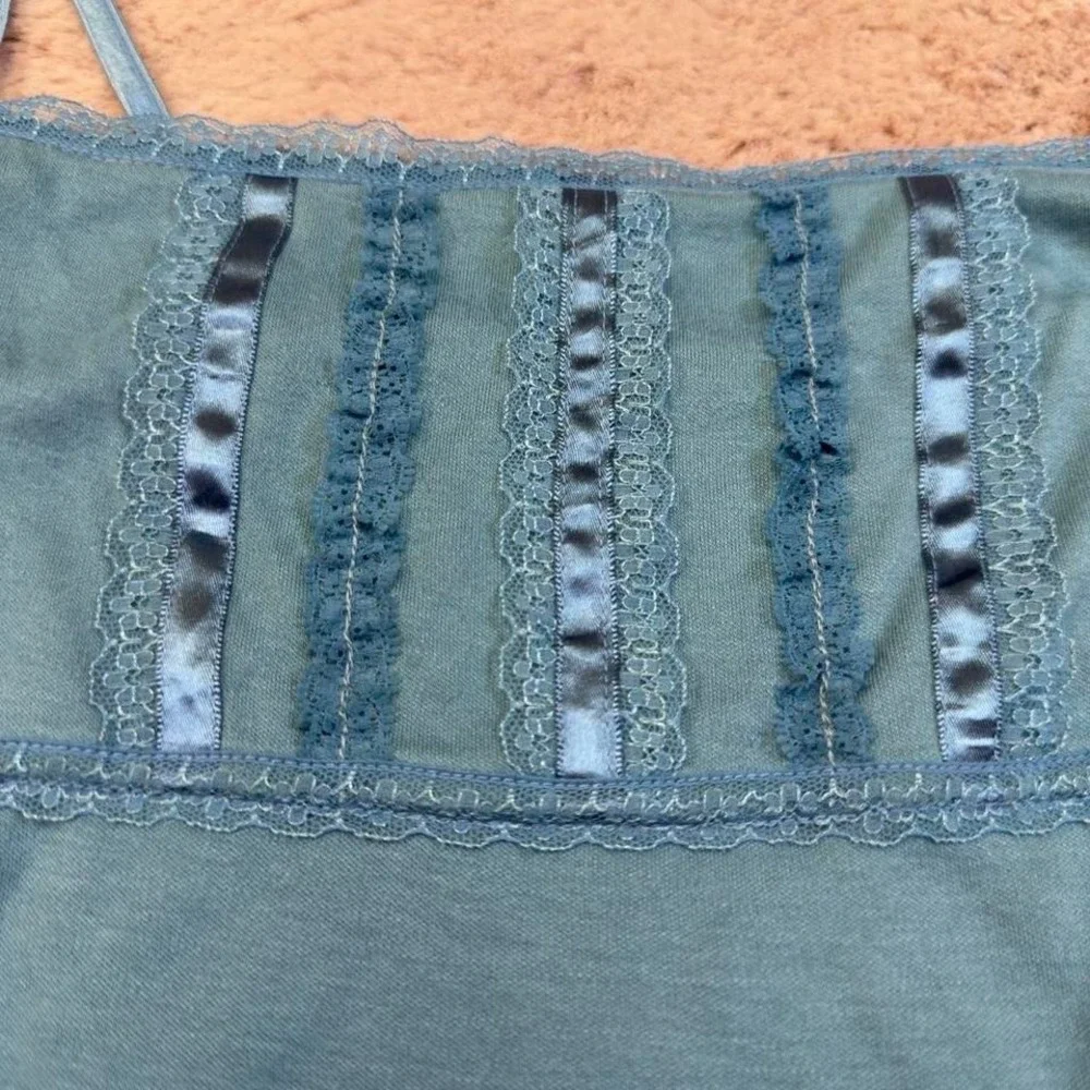 blue satin trim lace cami top, y2k soft girl, Fairycore, Coquette, Spring top - Picture 2 of 8